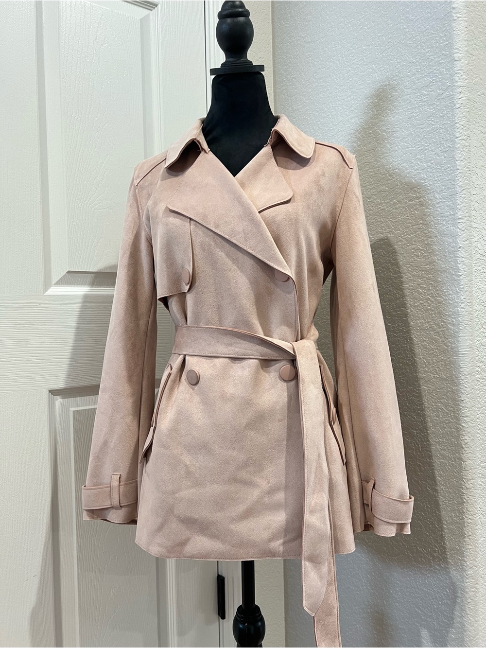 ZARA BASIC Blush Faux Suede Trench Jacket Belted Size S Women’s Double Breasted